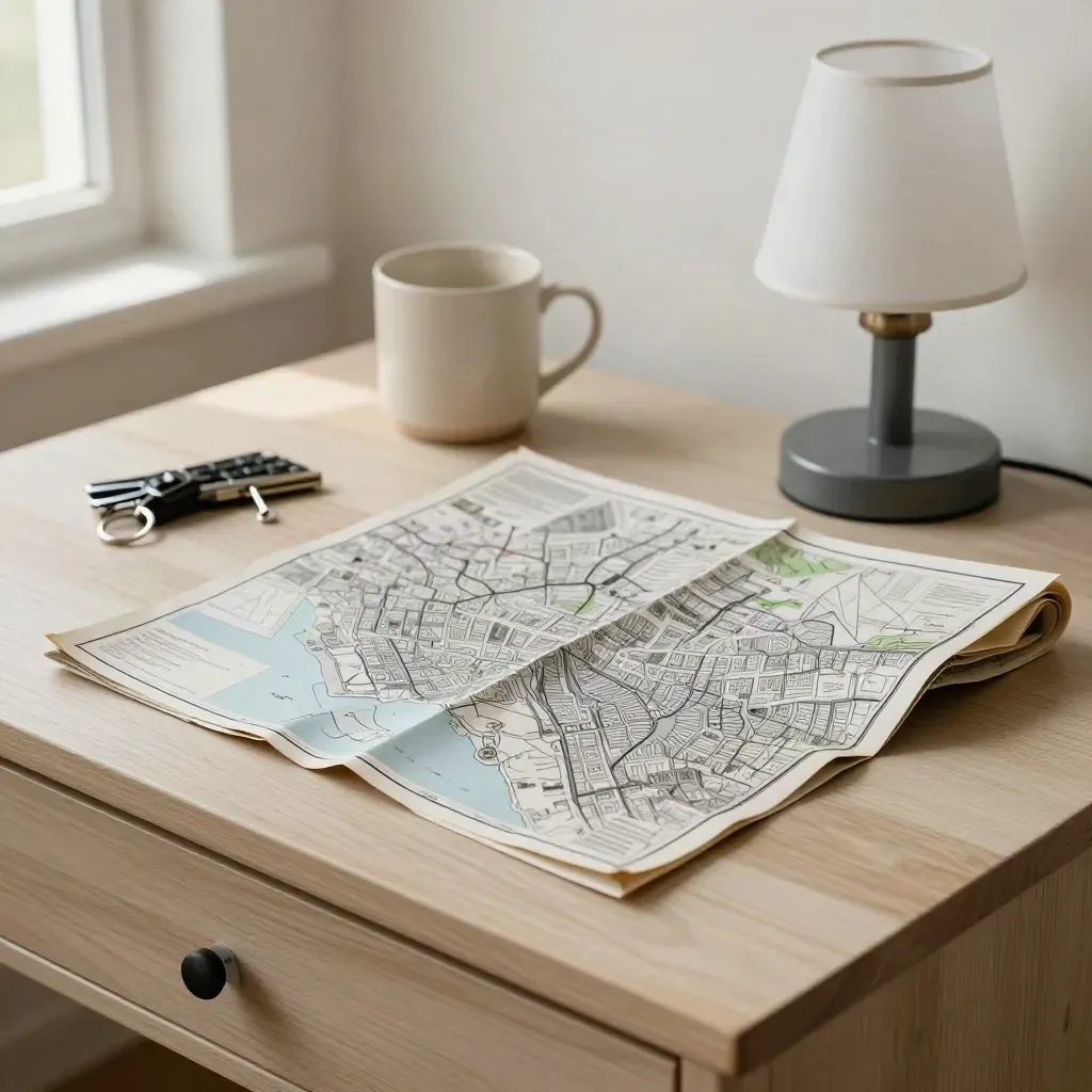 Face-down city map, keys, cream mug, and small lamp on a pale wood side table.