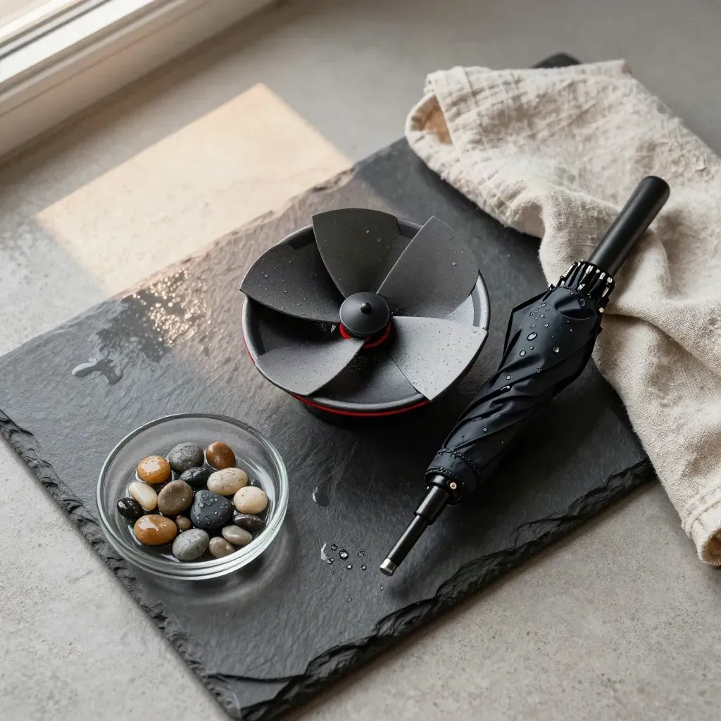 Top-down slate tray with anemometer, wet umbrella clasp, pebbles, and folded linen.