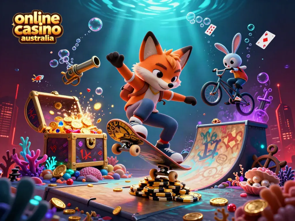 Catch the excitement of online casino Australia with a skateboard fox and BMX rabbit in a vibrant 3D scene.