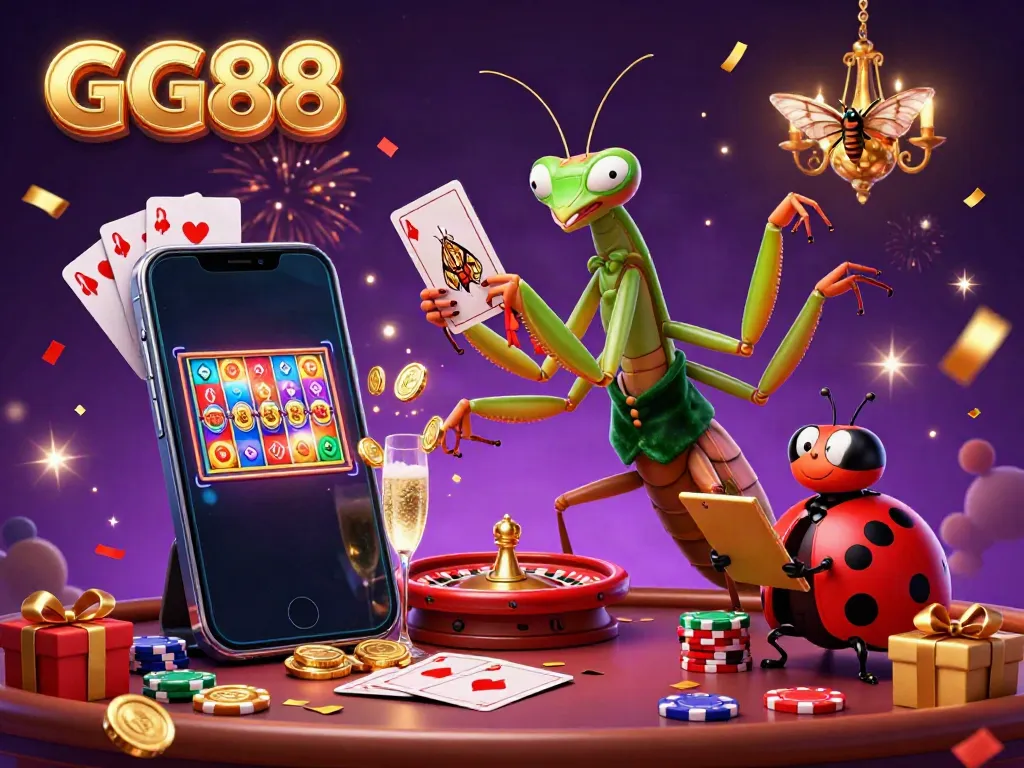 Experience the vibrant GG88 casino scene with dynamic game action involving colorful slots, cards, and festive elements.