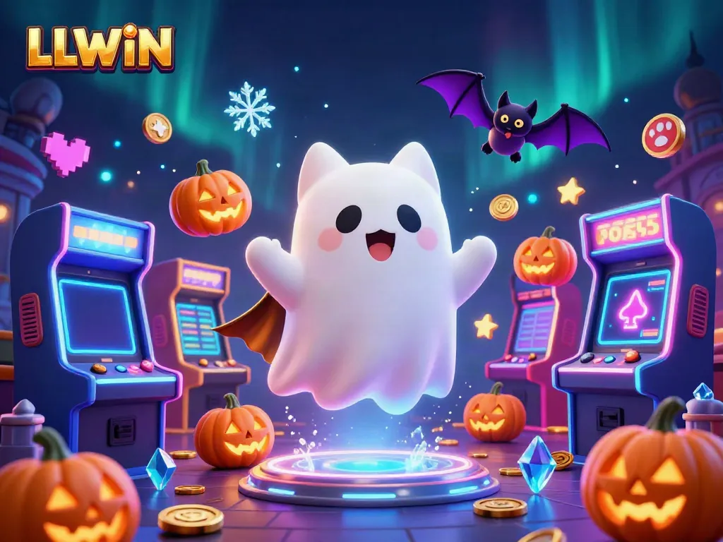 Engage your luck with LLWIN in this vibrant casino scene featuring a ghost cat and gaming elements.