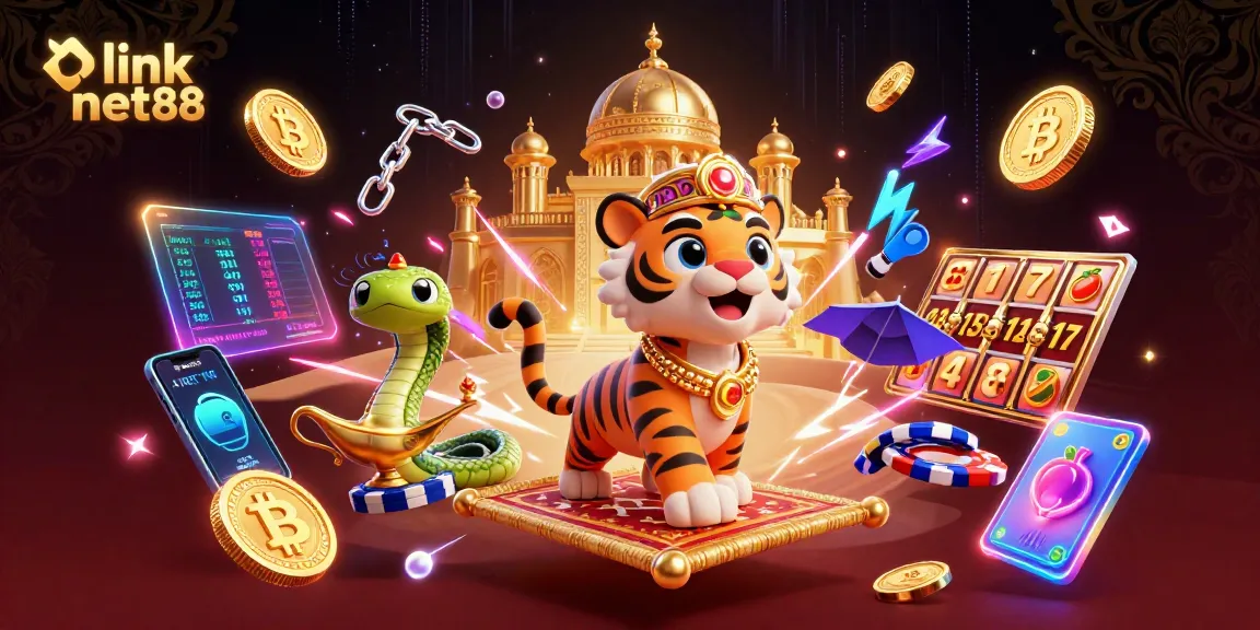 Experience the thrill of link net88 with a vibrant casino-themed 3D illustration showcasing a magical tiger sultan.