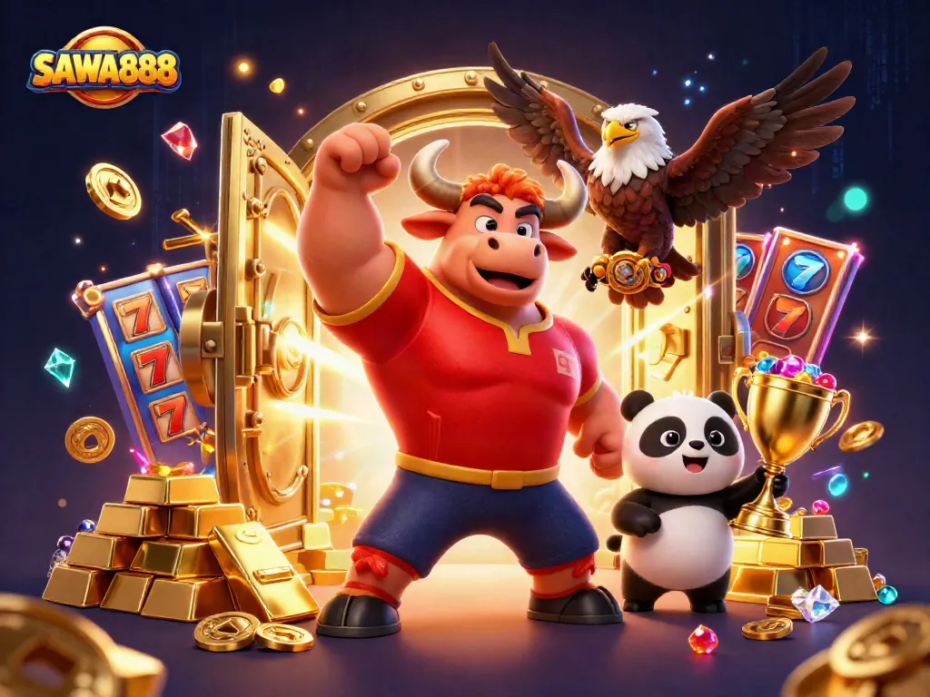 Experience SAWA888's exciting casino atmosphere with vibrant characters and dynamic gold elements