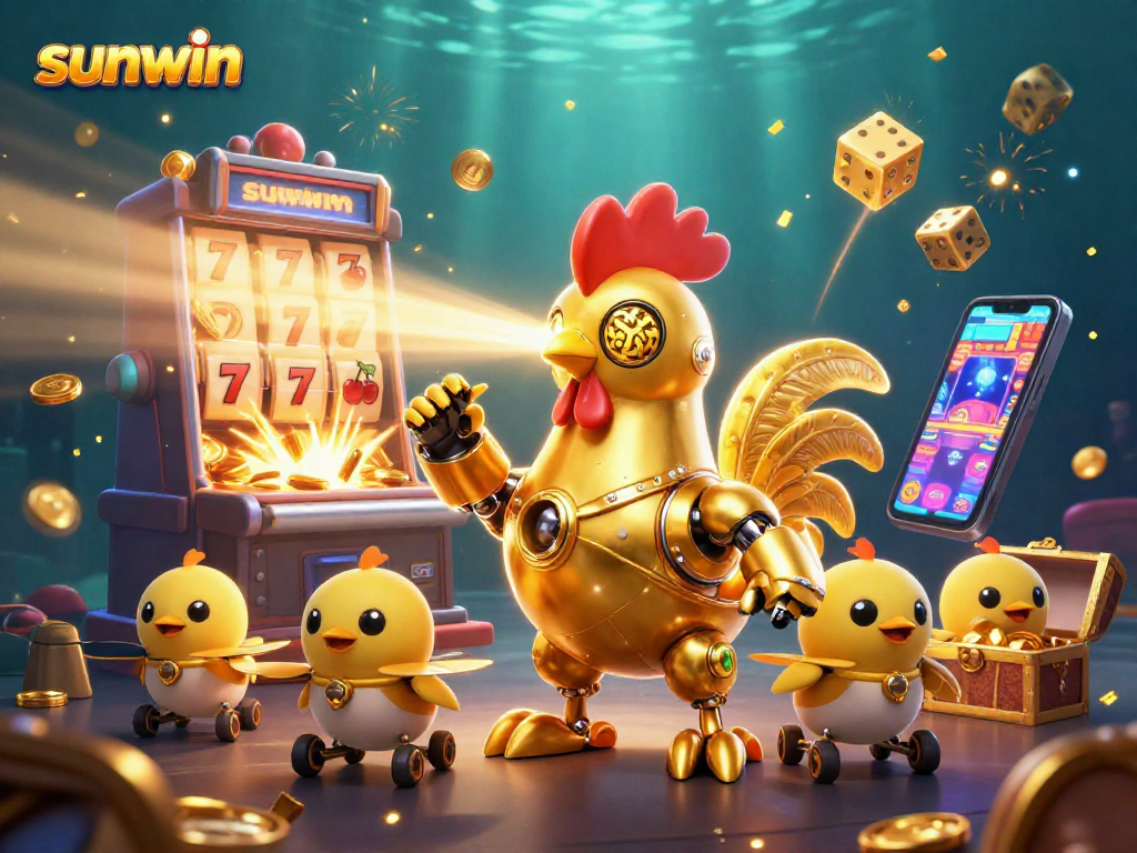 Experience sunwin's thrilling jackpot action with a golden rooster robot and vibrant gaming elements.