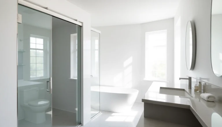 Showcase of stunning shower doors sliding, showcasing clear glass and chrome frame in a modern bathroom design.