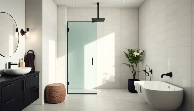 Stylish black shower door enhancing a modern bathroom with sleek fixtures.