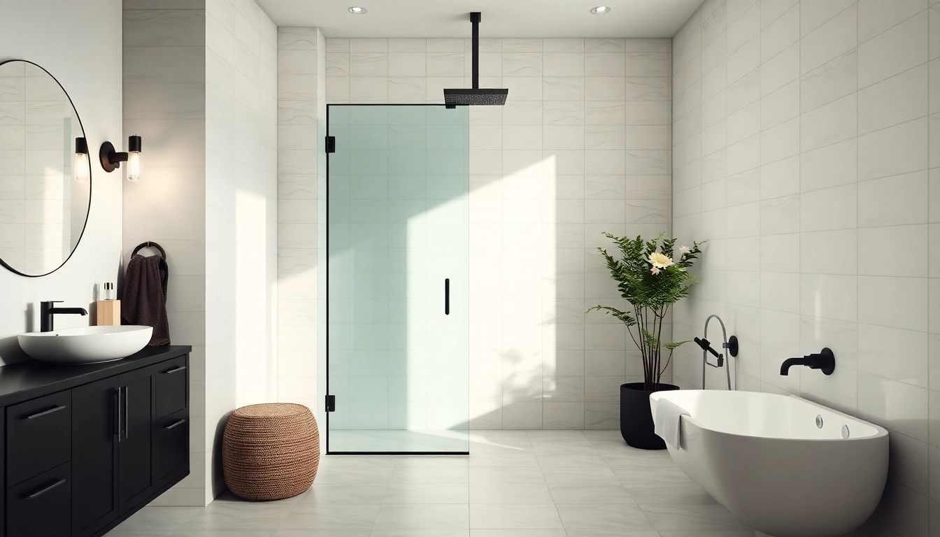 Stylish black shower door enhancing a modern bathroom with sleek fixtures.