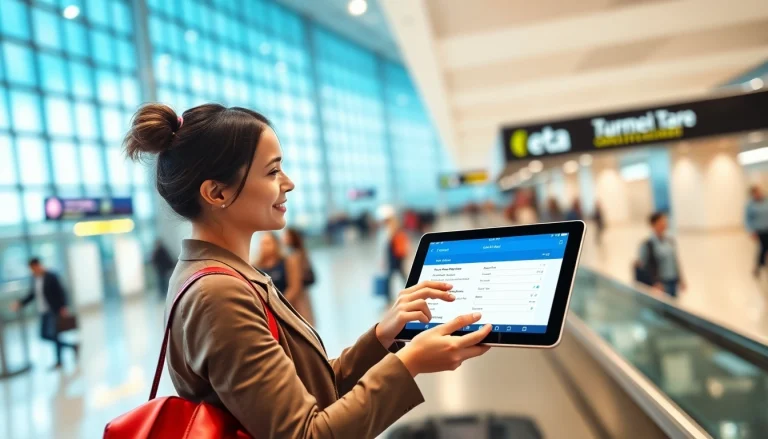 Complete the uk eta online application at a modern airport terminal with travelers in background.