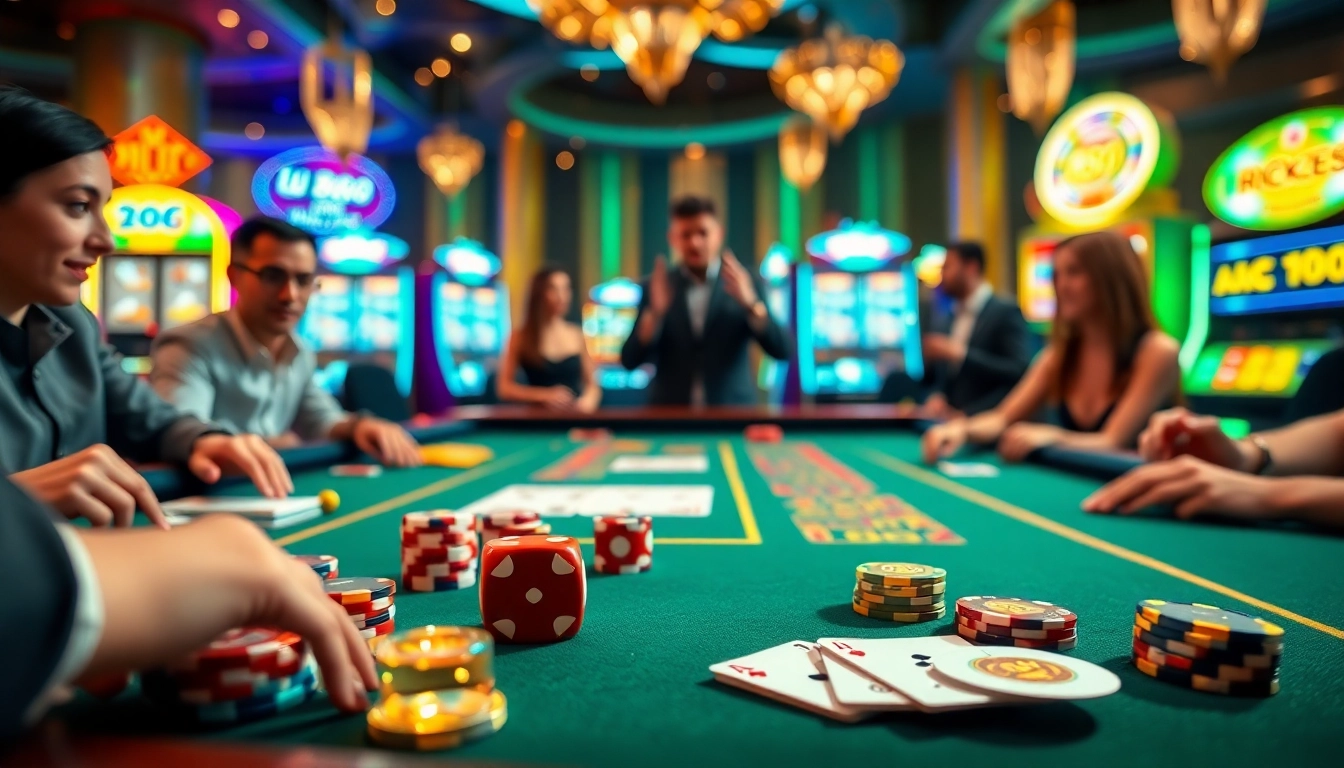 Players enjoying an intense game at U 888 casino table, featuring colorful chips and lively atmosphere.
