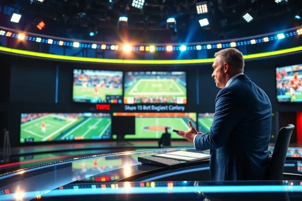 Sports broadcasting studio showcasing a sports analyst sharing live updates and analysis.