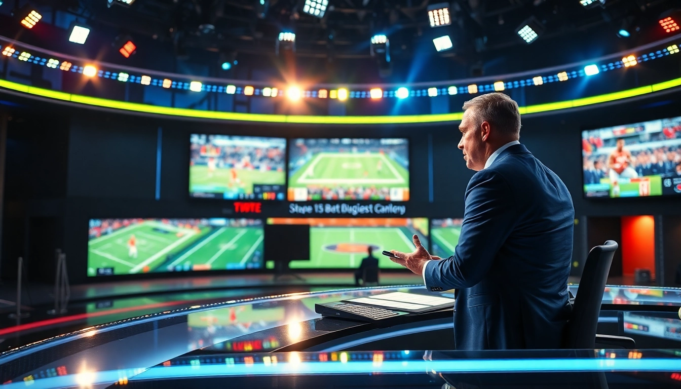 Sports broadcasting studio showcasing a sports analyst sharing live updates and analysis.