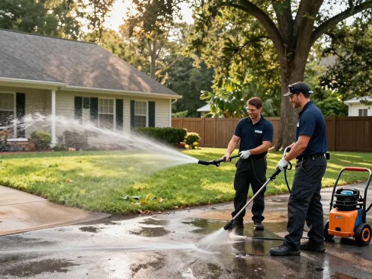 Professional team providing pressure washing services Atlanta, cleaning a driveway with water spray and sunlight.