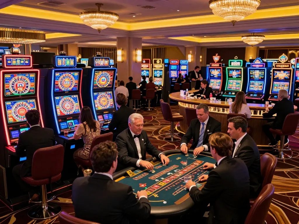 Players enjoying strategic gameplay at a vibrant man club casino floor with slot machines.