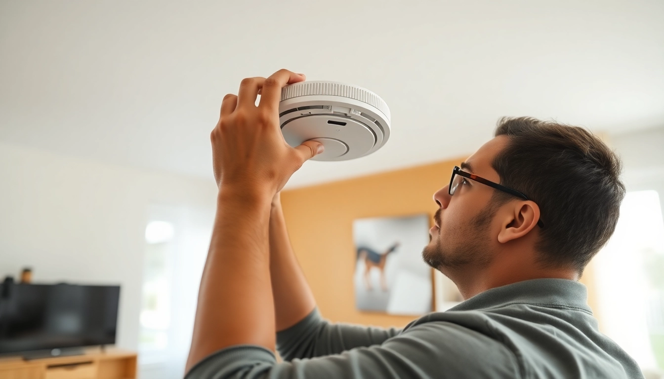 Ensure your smoke detector battery is functioning with a technician installing it in a cozy living room.