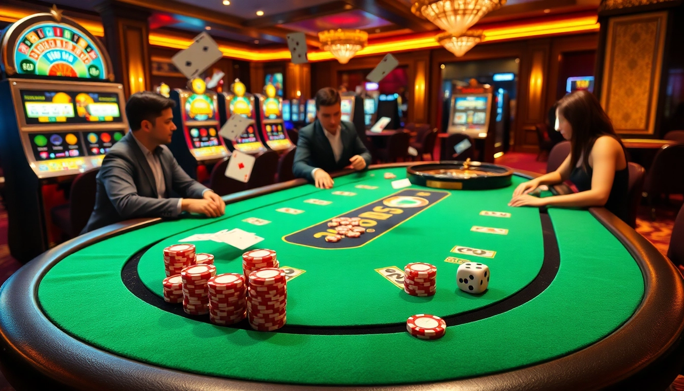 Players strategizing at a blackjack table at 98win, surrounded by vibrant lights and rich casino decor.