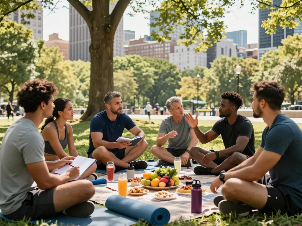 A group of men discussing ideas at a picnic in the park, showcasing the community spirit of manclub.