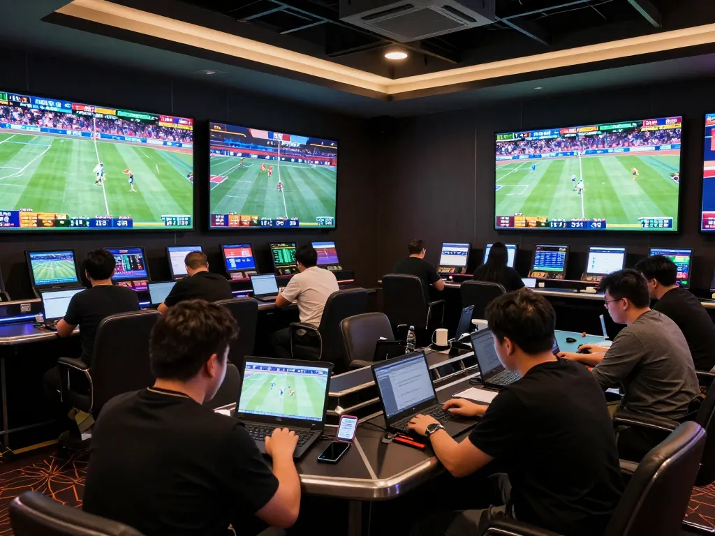 Engaged patrons placing bets at net88.de.com in a sophisticated sports betting area with live screens.
