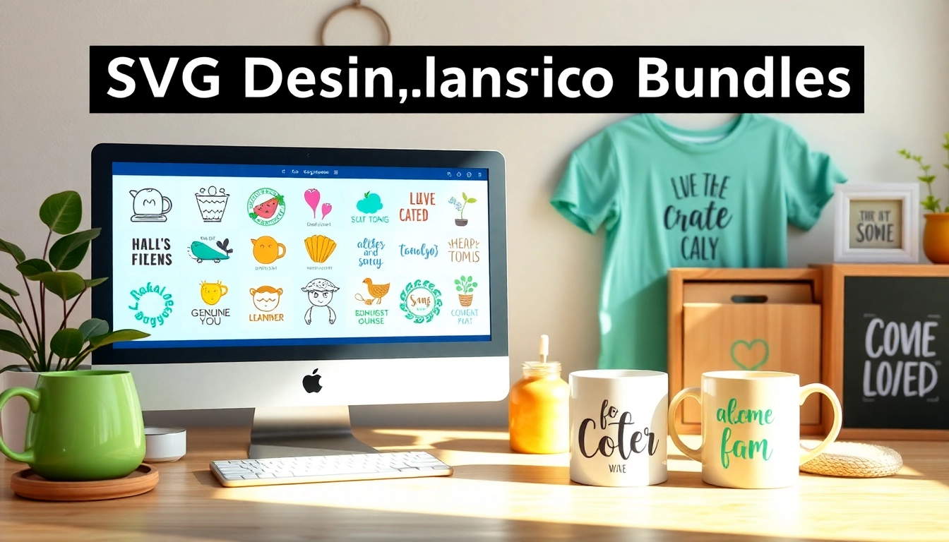 Creative display of design bundles svg files on a computer with crafted items.