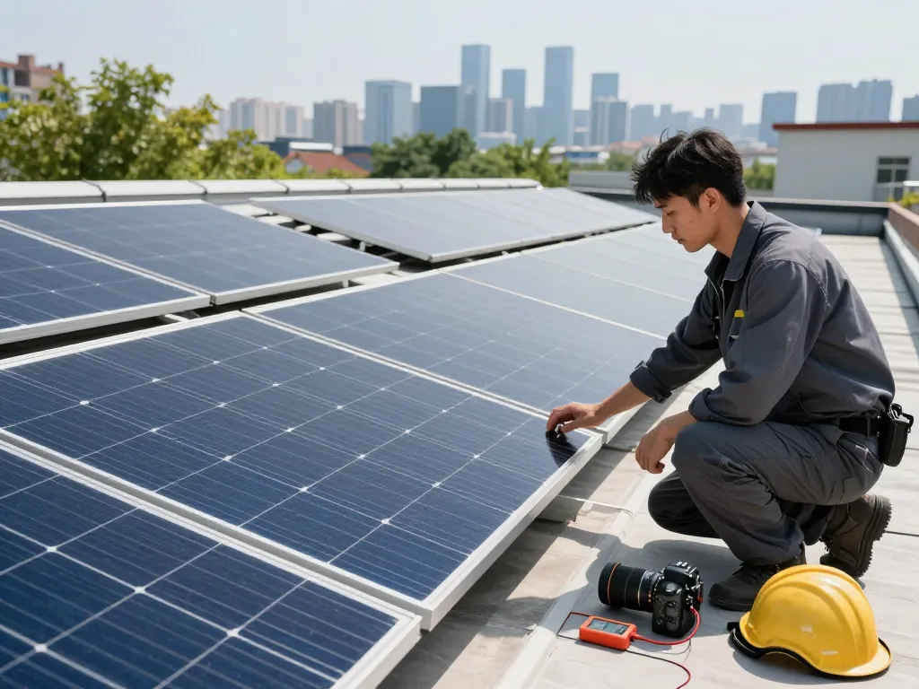 resistencia PID en paneles solares showcased by a technician inspecting modern solar panels on a rooftop under sunlight.