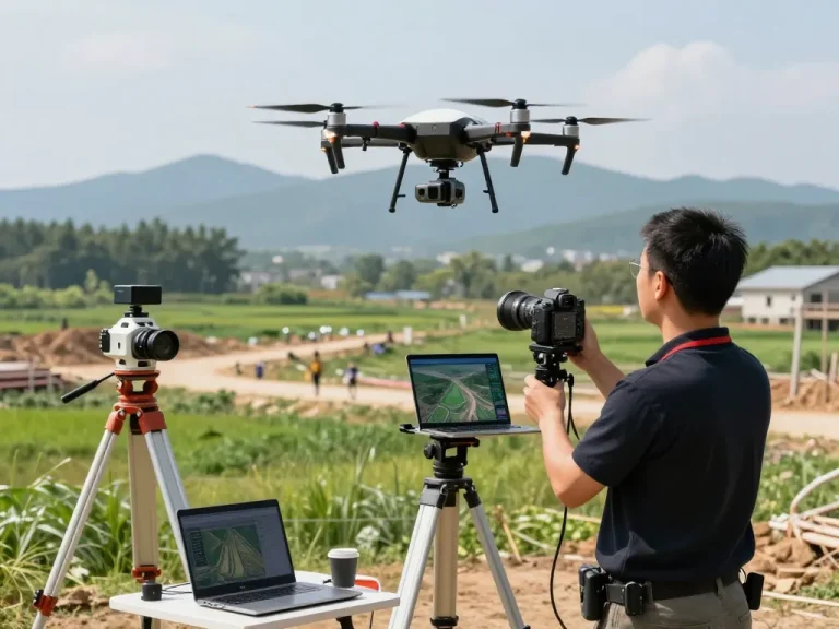 Technician using a drone laser scanner for precise 3D mapping of a construction site.