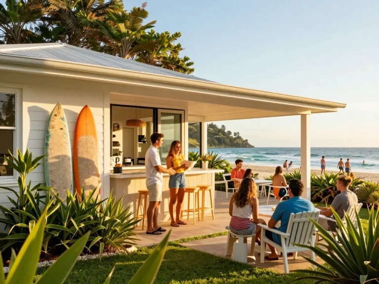 Airbnb management Gold Coast with hosts welcoming guests to a beachfront property.
