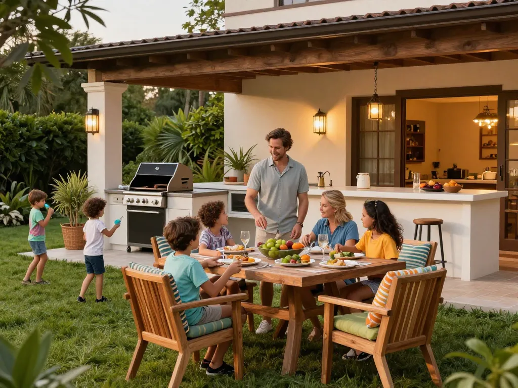 Outdoor living configurator showcasing a family enjoying a beautifully designed patio with modern outdoor kitchen features.