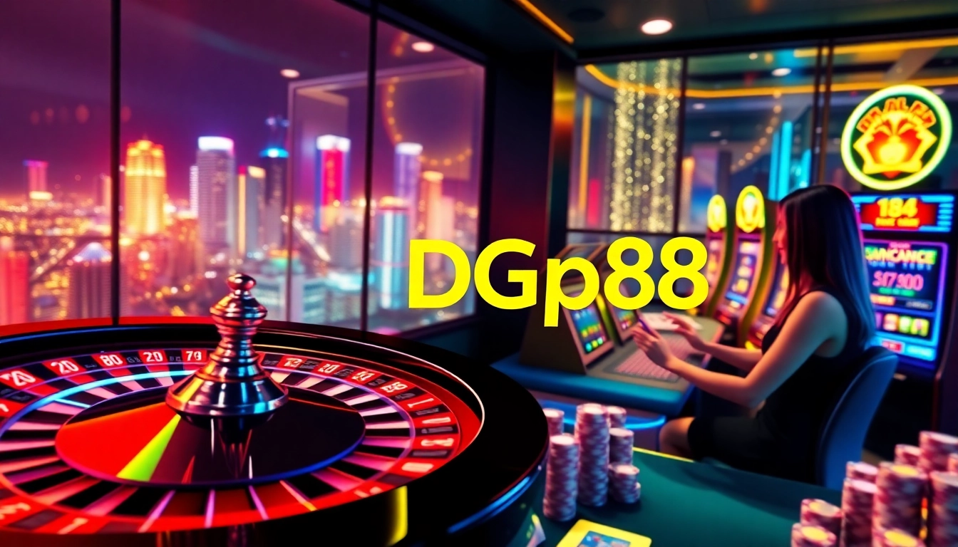 Players enjoy thrilling games at pg88 online casino, featuring vibrant slot machines and roulette wheel.