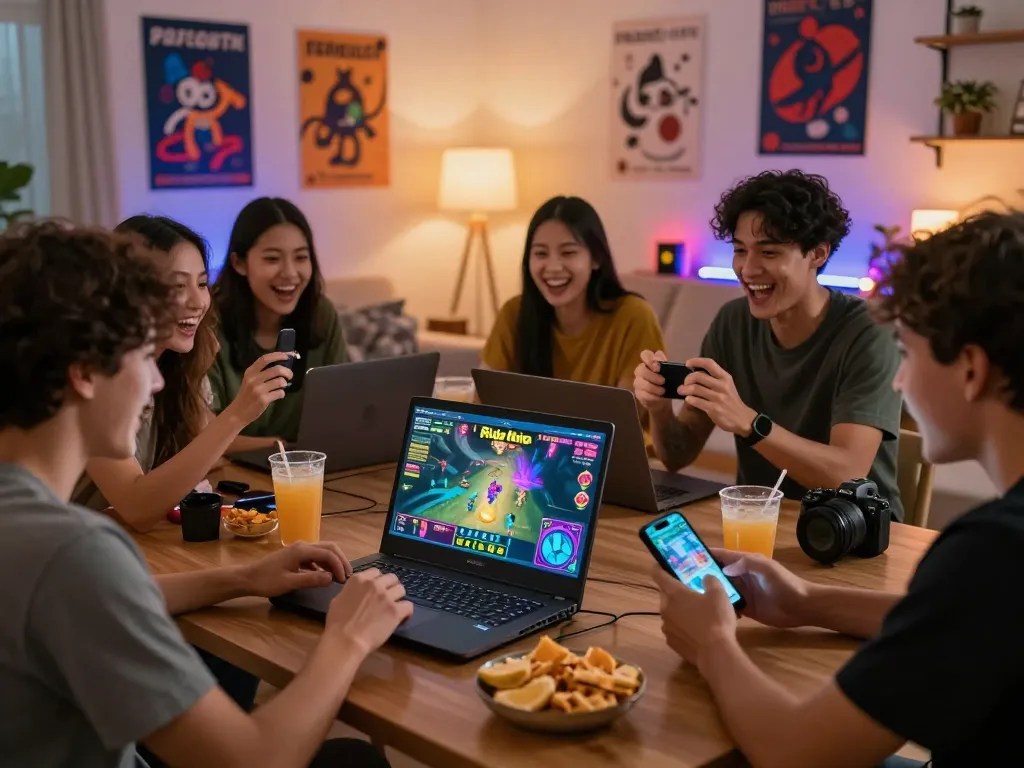 Group playing rikvip online game in a lively home setting with colorful decor and snacks.