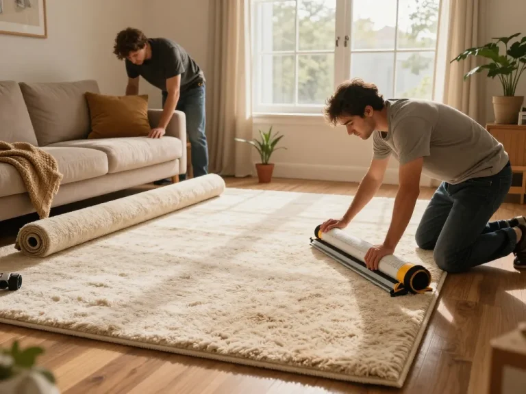 Home carpet fitting services in a cozy living room with professionals laying down plush carpet.