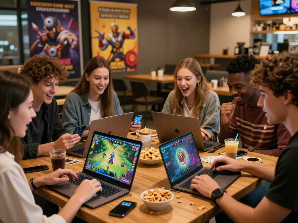 Exciting gaming scene with friends playing bomwin card games at a café featuring vibrant screens and snacks.