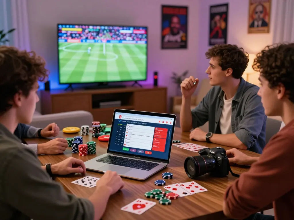 Friends enjoying online betting experience with a trusted nhà cái uy tín during a live sports event.