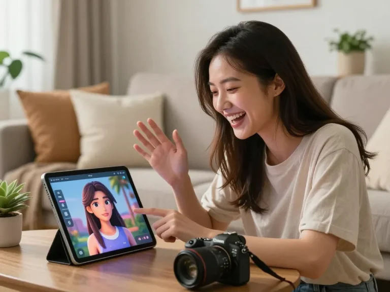 A young woman enjoying a chat with her AI gf on a tablet in a cozy living room.