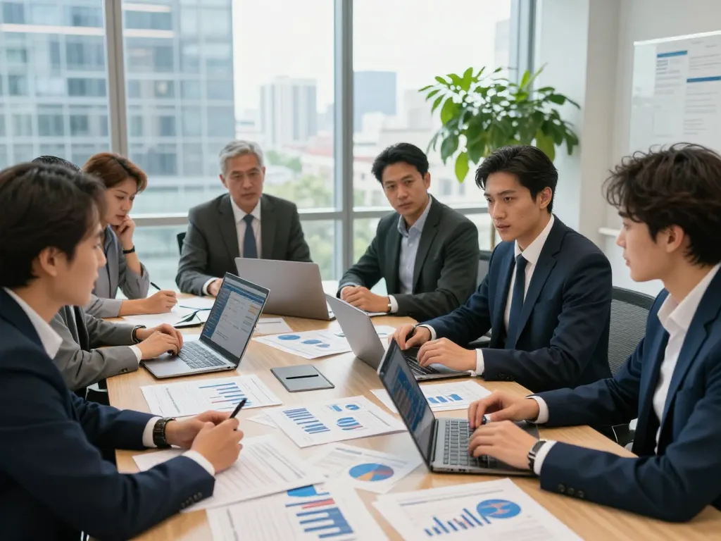 Business professionals collaborating on private equity investment strategies in a modern office.