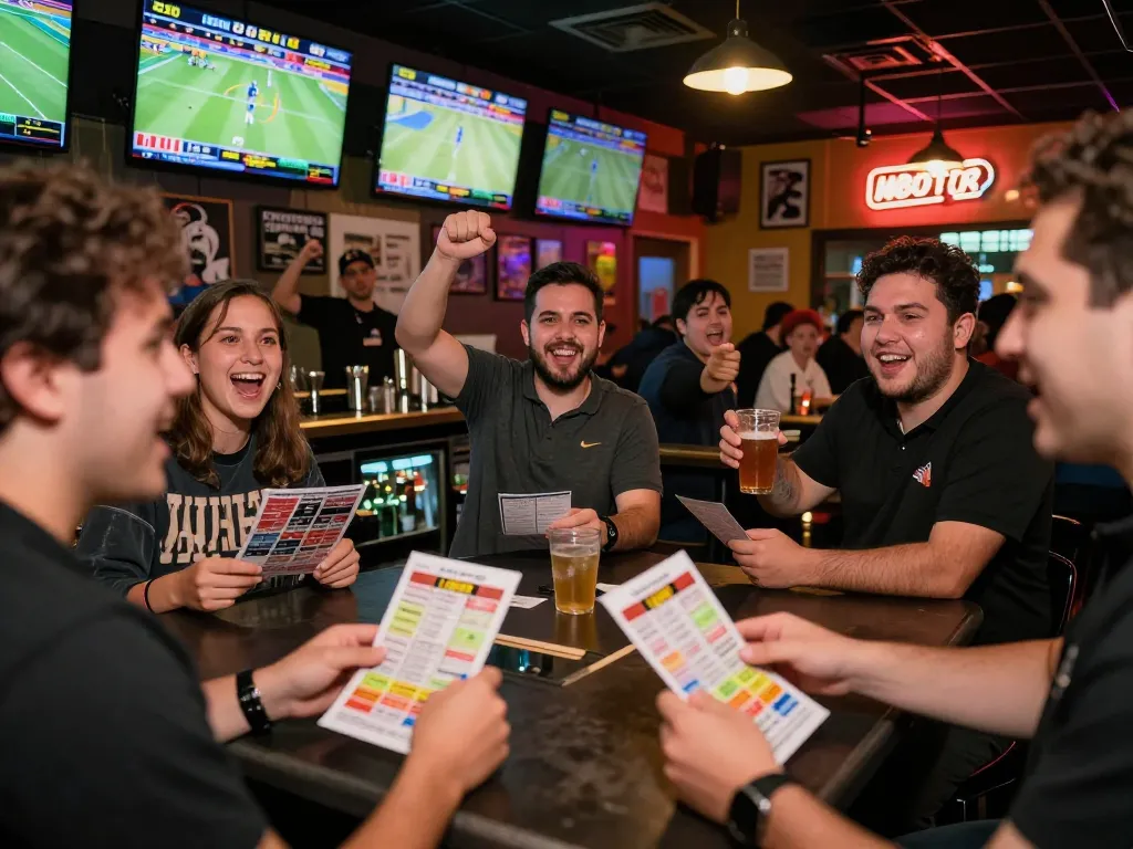 Patrons engaging in soi keo nha cai betting at a bustling sports bar with multiple screens showing live games