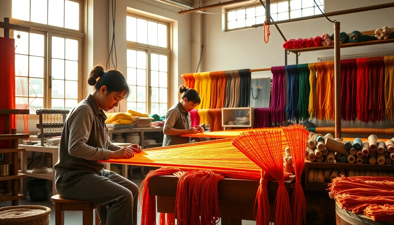 Katoen wordt vakkundig geweven in een levendige textielwerkplaats.
