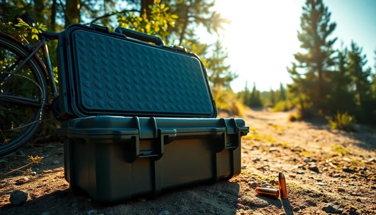 Pelican gun case for sale showcased outdoors, highlighting its rugged texture and adventure-ready design.