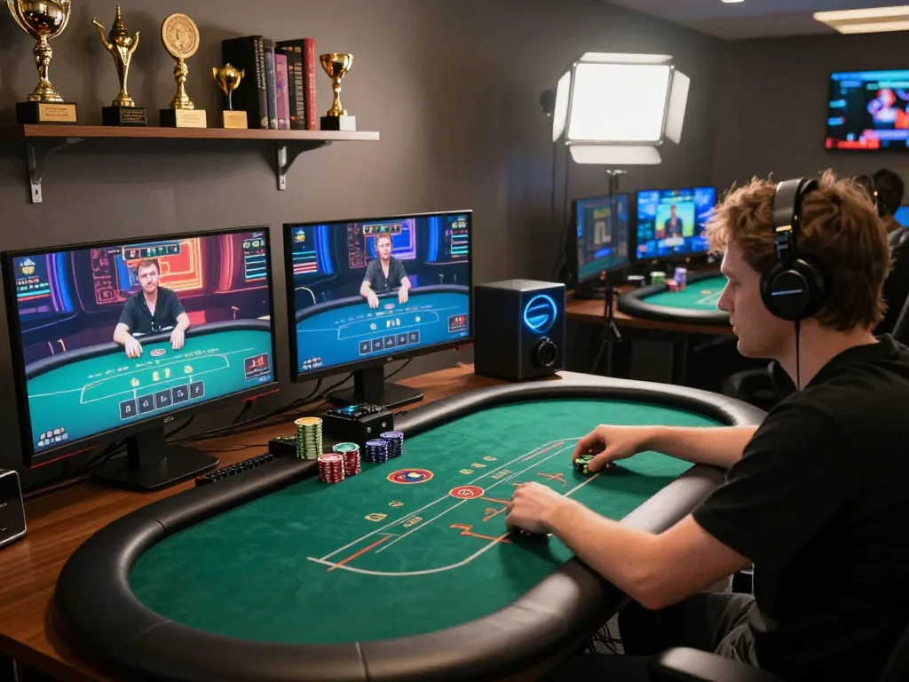 An online gamer engaged in an intense poker game on mb66-t, showcasing multiple screens and strategic focus in a vibrant gaming setup