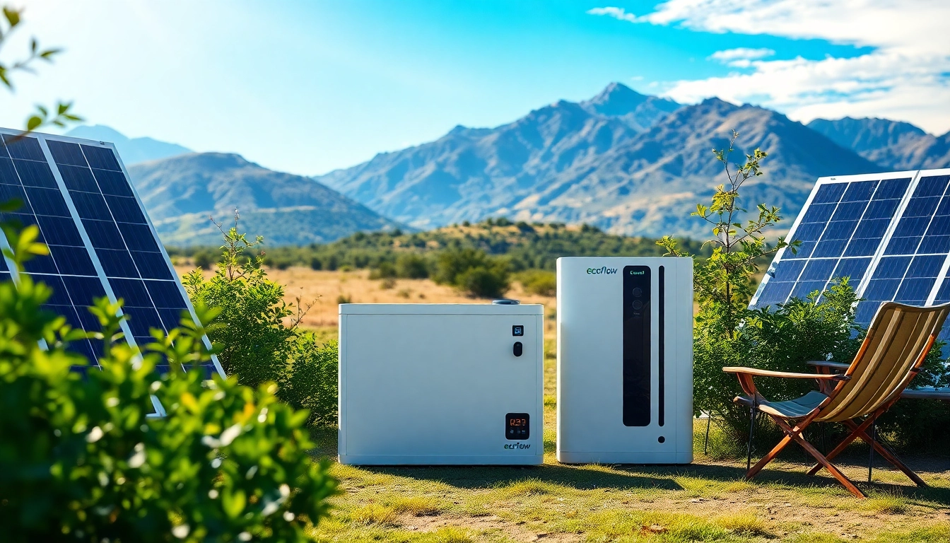 EcoFlow solar-powered unit in a modern outdoor setting with green foliage.