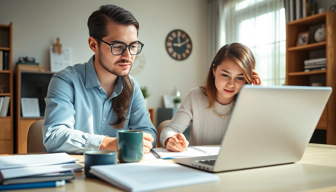 Engaging remote exam assistance with a tutor and student working closely in a comfortable setting.