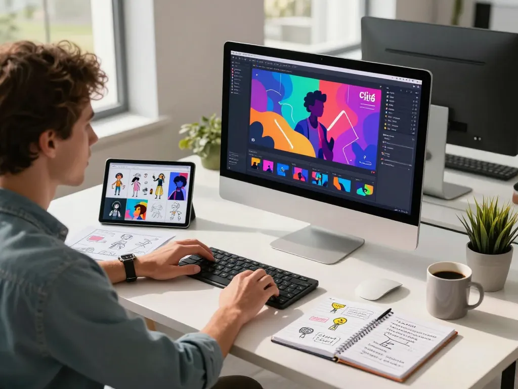 A creative professional utilizing Kling motion ai in a modern workspace, showcasing AI video generation with vibrant animations and reference materials.