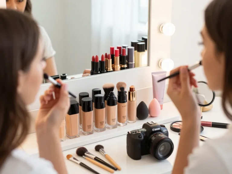 Showcasing the best foundation for oily skin with a beauty enthusiast applying makeup in a vibrant, well-lit setting.