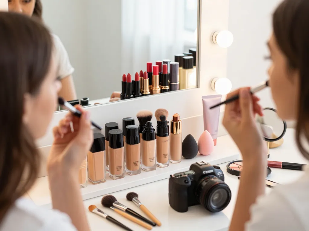 Showcasing the best foundation for oily skin with a beauty enthusiast applying makeup in a vibrant, well-lit setting.
