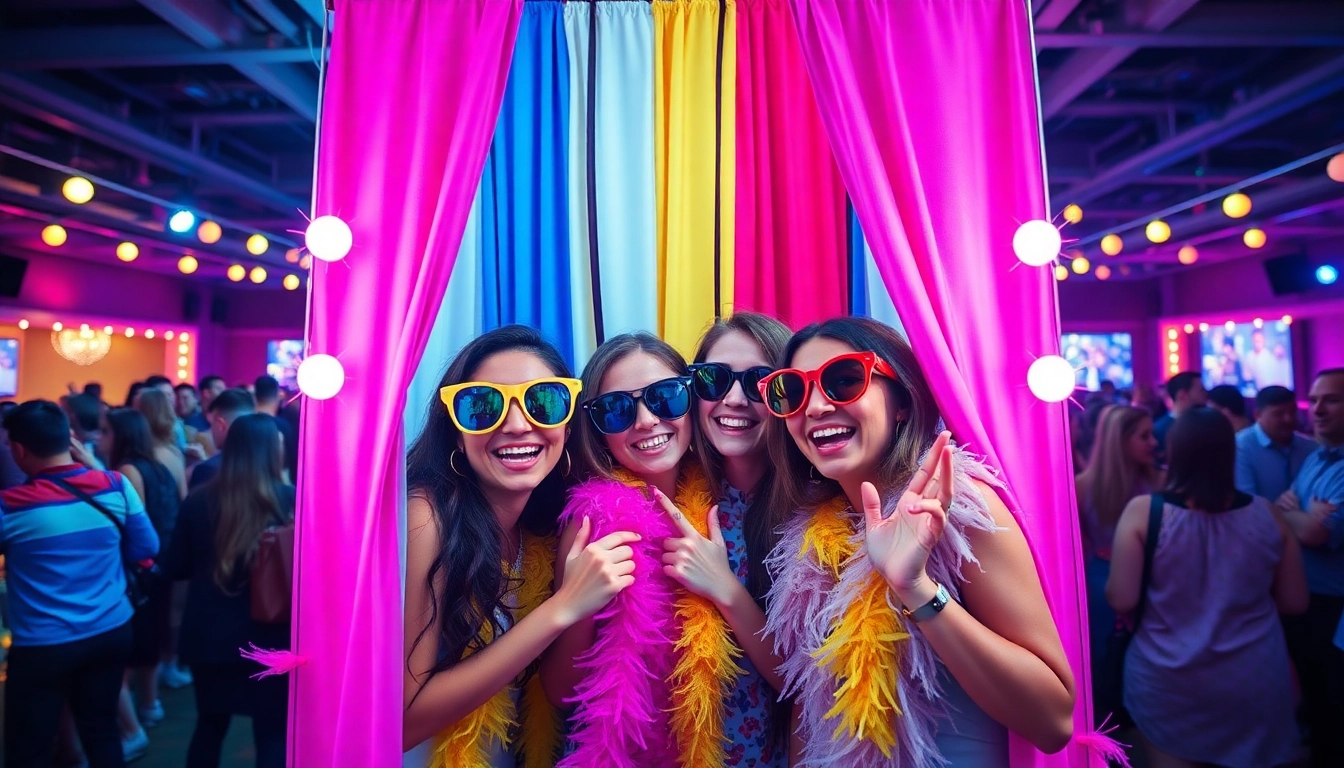 Friends enjoying a fun photo booth rental experience at a lively event with bright colors.