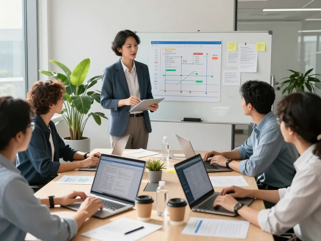 Business team collaborating on automation solutions in a modern office setting.