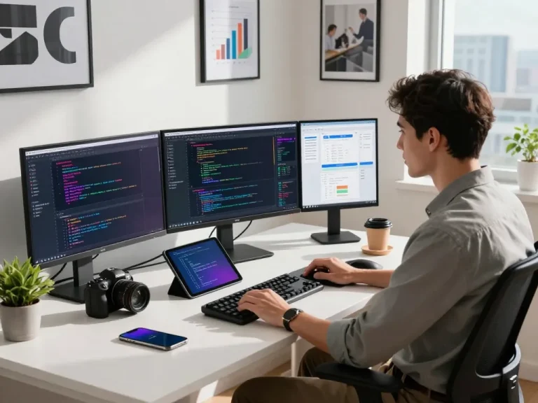 Developer coding in modern workspace with WPS productivity tools on monitors