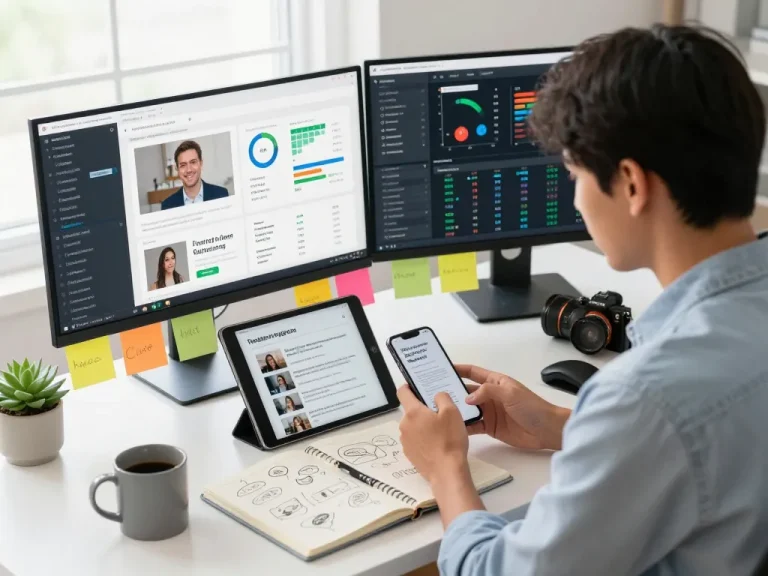 Content creator analyzing NSFW trends in a vibrant digital workspace
