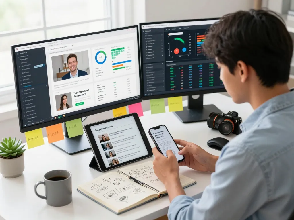 Content creator analyzing NSFW trends in a vibrant digital workspace