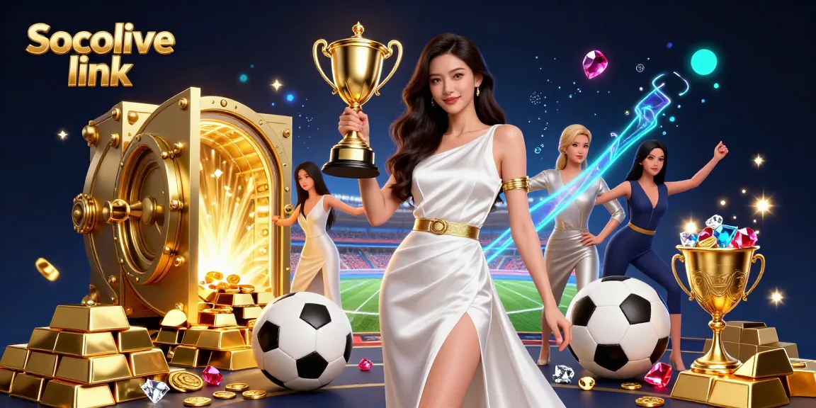Socolive link illuminates a victorious Asian woman in sports betting, surrounded by golden treasures and rich game elements.