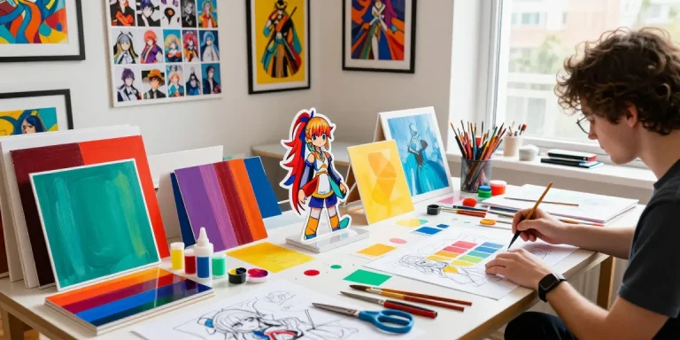 Creative workspace designing custom acrylic stand using colorful materials and tools.