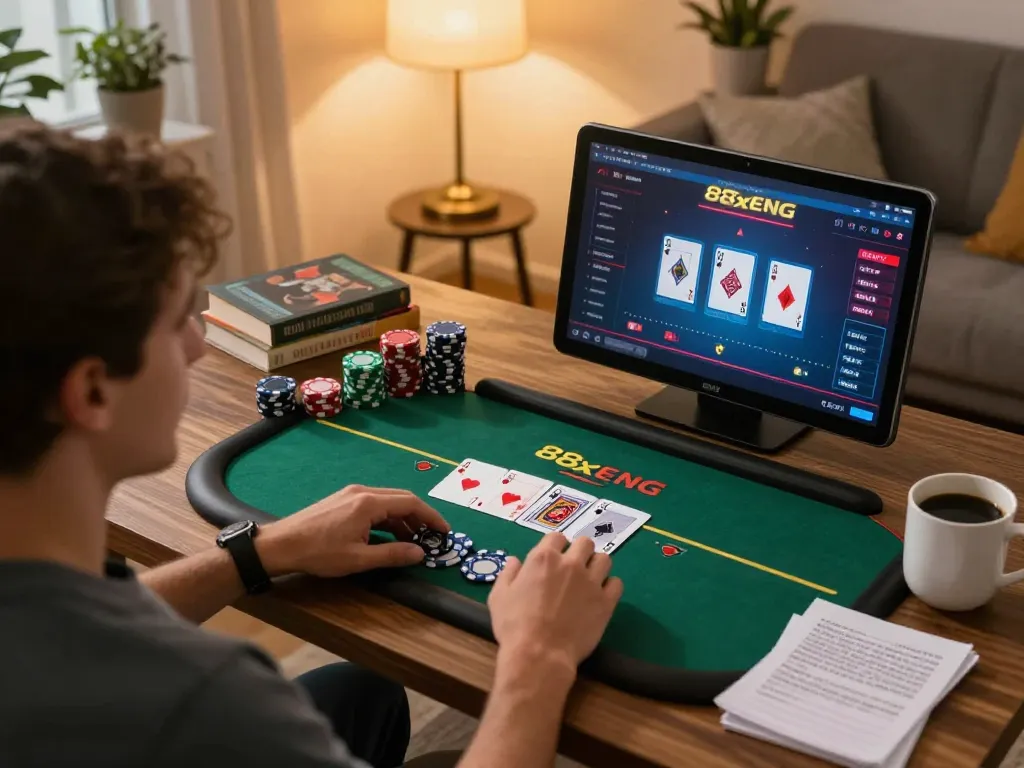 Engaging gameplay at 88xeng online poker, cozy home setting with strategic elements visible.